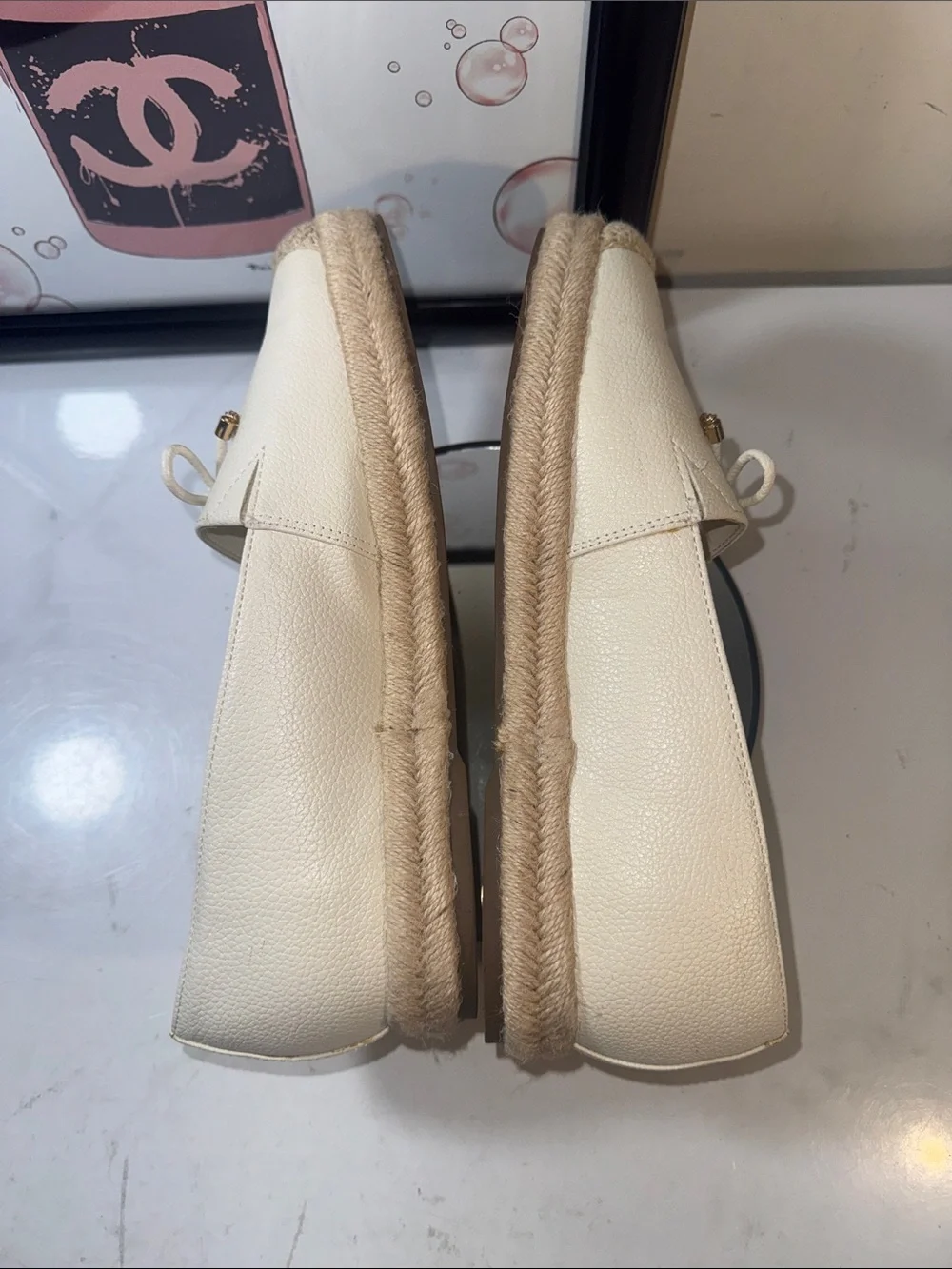 Guess Cream Leather Espadrille Loafers with Gold Guess Charm - Women’s Size 9.5M
